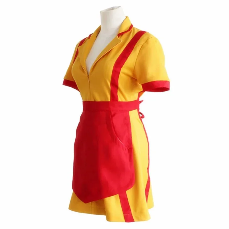 

CyMovie 2 Broke Girls Max Caroline Caroline Cosplay Costume Women Halloween Party Short Sleeve Yellow Apron Dress
