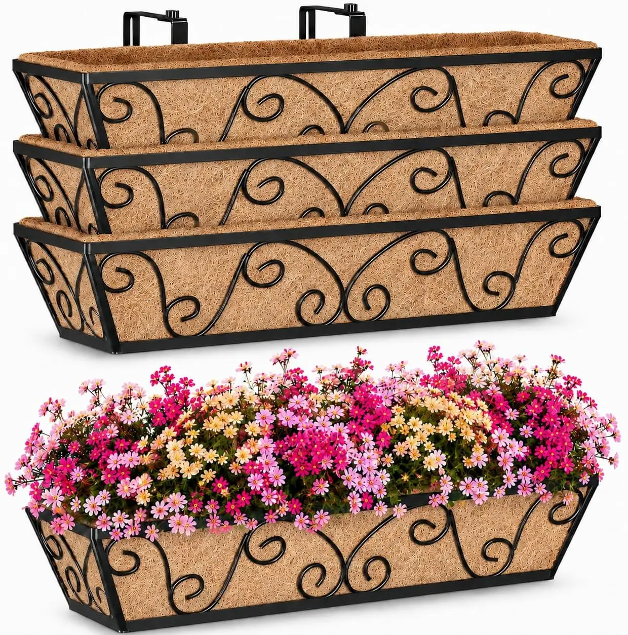 

Adjustable Railing Planter Boxes 24 Inch-4 Pcs with Coco Liner, Heavy Duty Window Box for Balcony, Deck, Porch