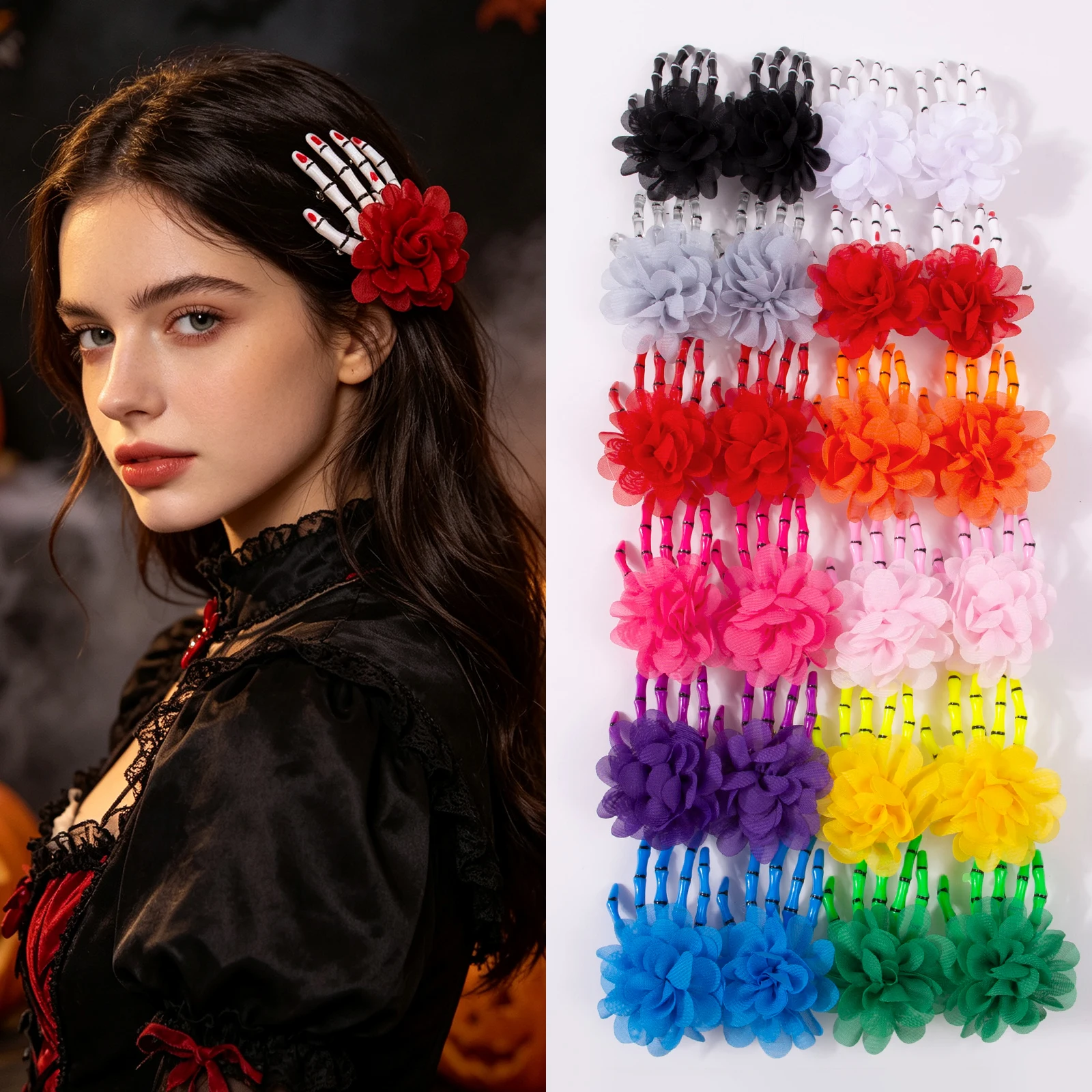 12/24PCS Creative Skeleton Hand Hair Clip for Women Girl Chiffon Flower Colorful Hairpin Halloween Makeup Party Hair Accessories