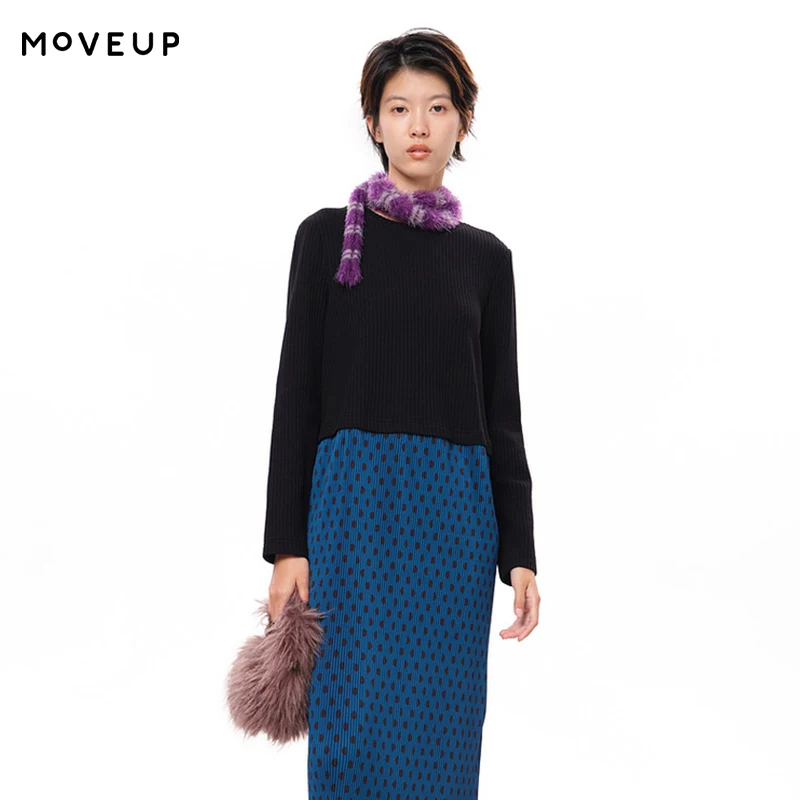 MOVEUP Long Sleeved Round Neck Dress Winter Splicing Pleated Hem Polka Dot Print Causal Commuting A-Line Knit Dress 3EWD11387