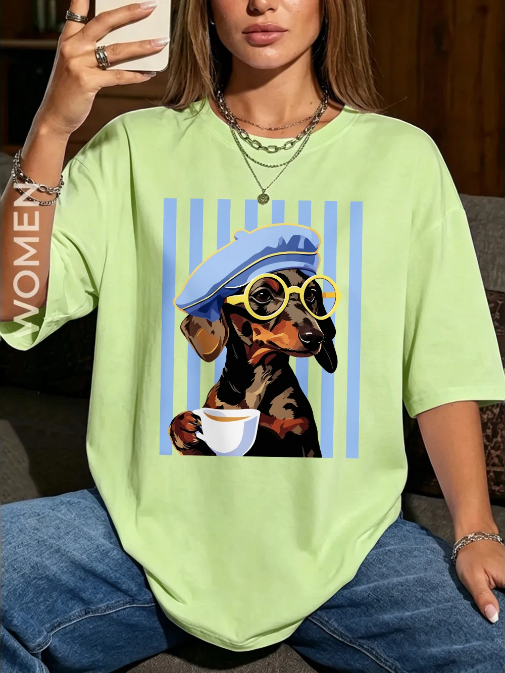 Dackel-Illustrationsdrucke T-Shirts Baumwolle Damen Sommer Oversize-Tops Weiches O-Ausschnitt Kurzarm-T-Shirt Basic Damenbekleidung – Detail 17