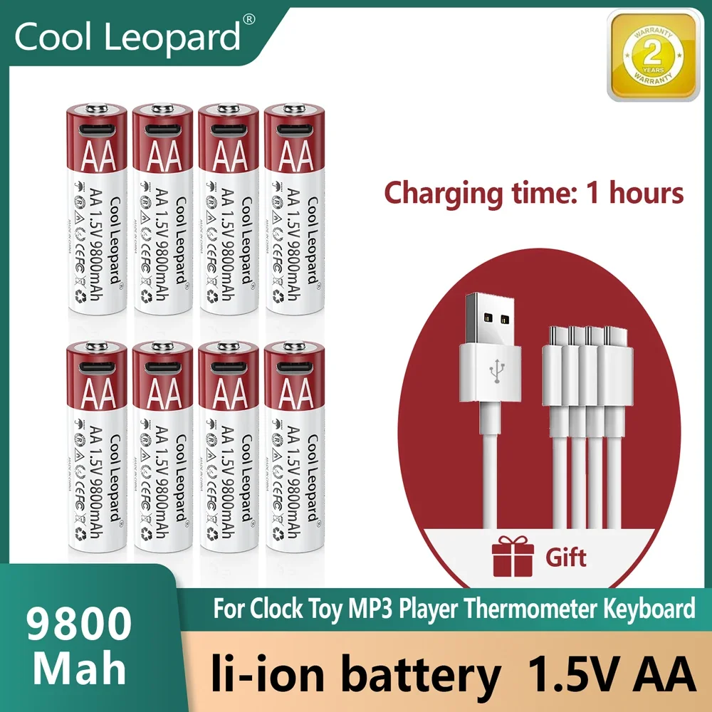 USB AA Rechargeable Batteries 1.5V 9800mAh Li-ion battery for remote control mouseElectric toy battery + Type-C Cable