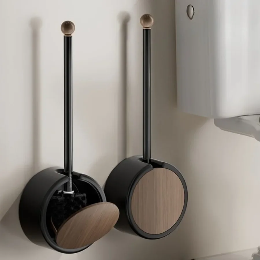 Wall Mounted Toilet Brush Without Punching Toilet Cleaning Detachable Wood Grain Toilet Long Handle Brush Bathroom Accessories