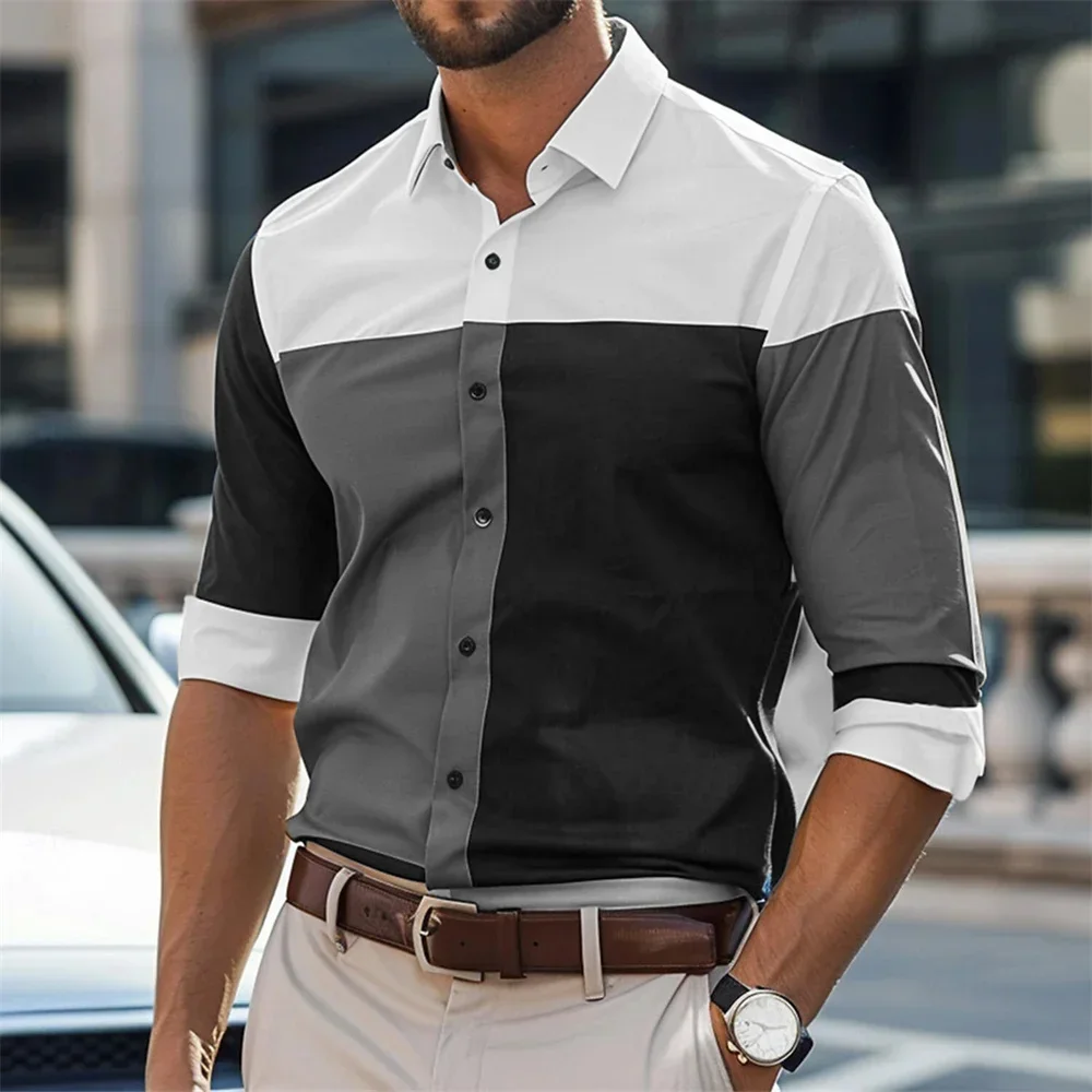 

Men's Fashion Long Sleeve Shirt Color Block 3D Printed Long Sleeve Shirt Lapel Button Shirt Outdoor Casual Party Shirt Plus Size