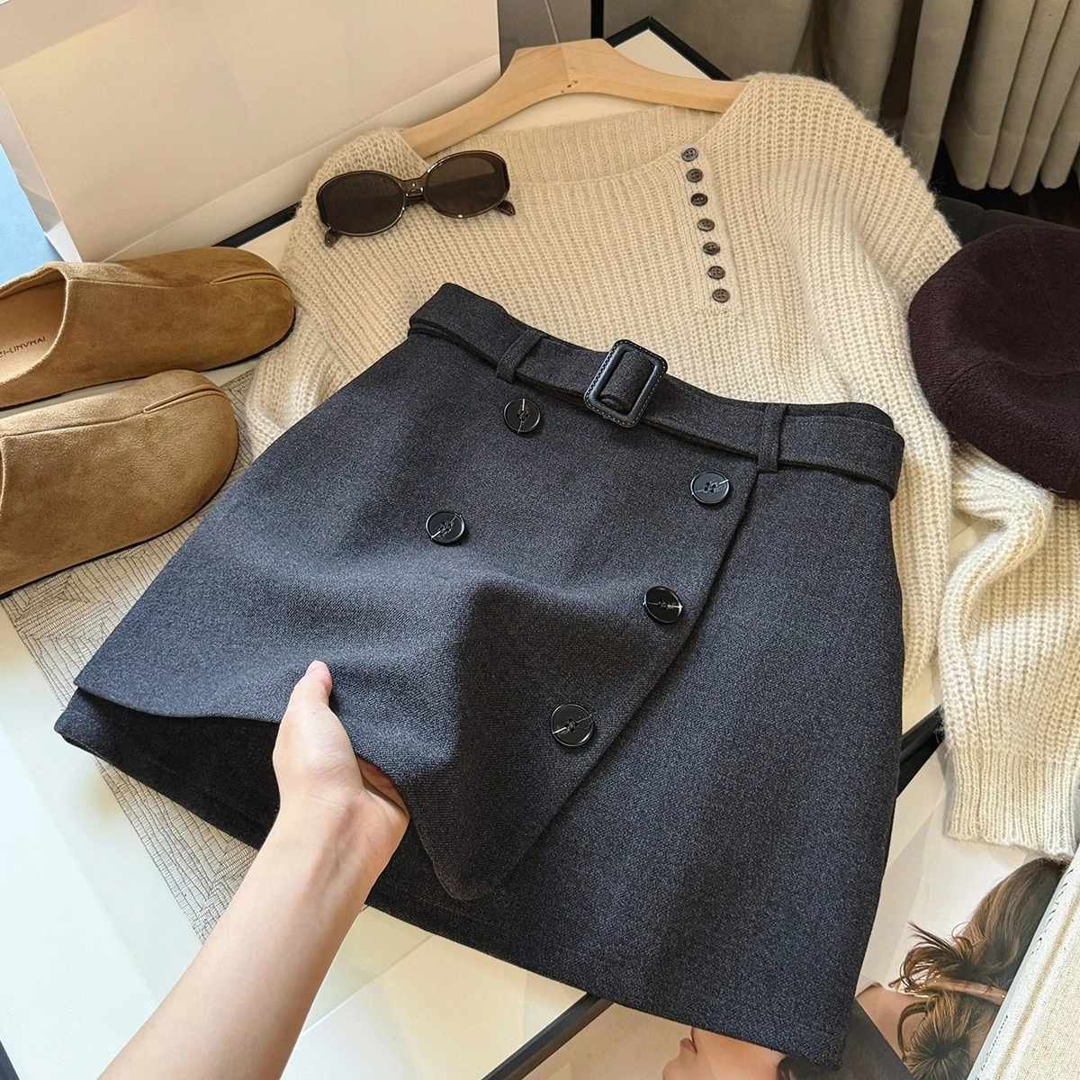 Seoulish Elegant Women Woolen A-line Skirt Autumn Winter Double Breasted High Waist Slimming Skirt with Belt Casual Skirts