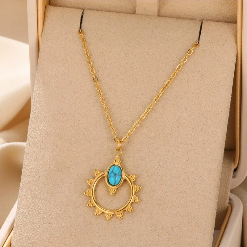 ANENJERY 316L Stainless Irregular Turquoise Geometric Pendant Necklace for Women Fashion Necklace Party Jewelry Accessory