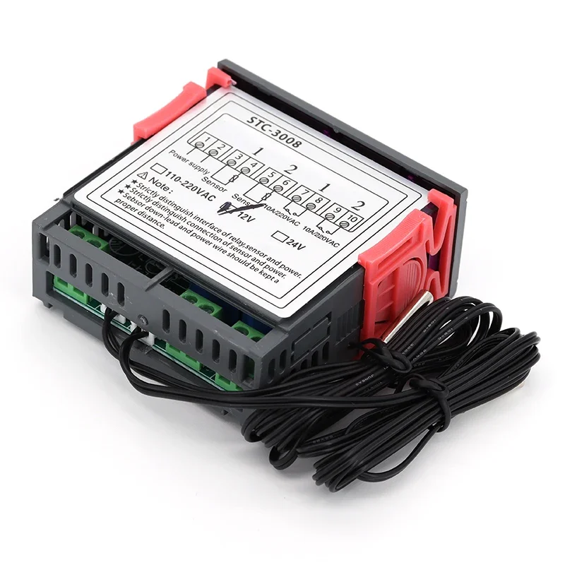 Dual Digital Temperature Controller Two Relay Output Thermostat Thermoregulator 10A Heating Cooling STC-3008 12V 24V 220V
