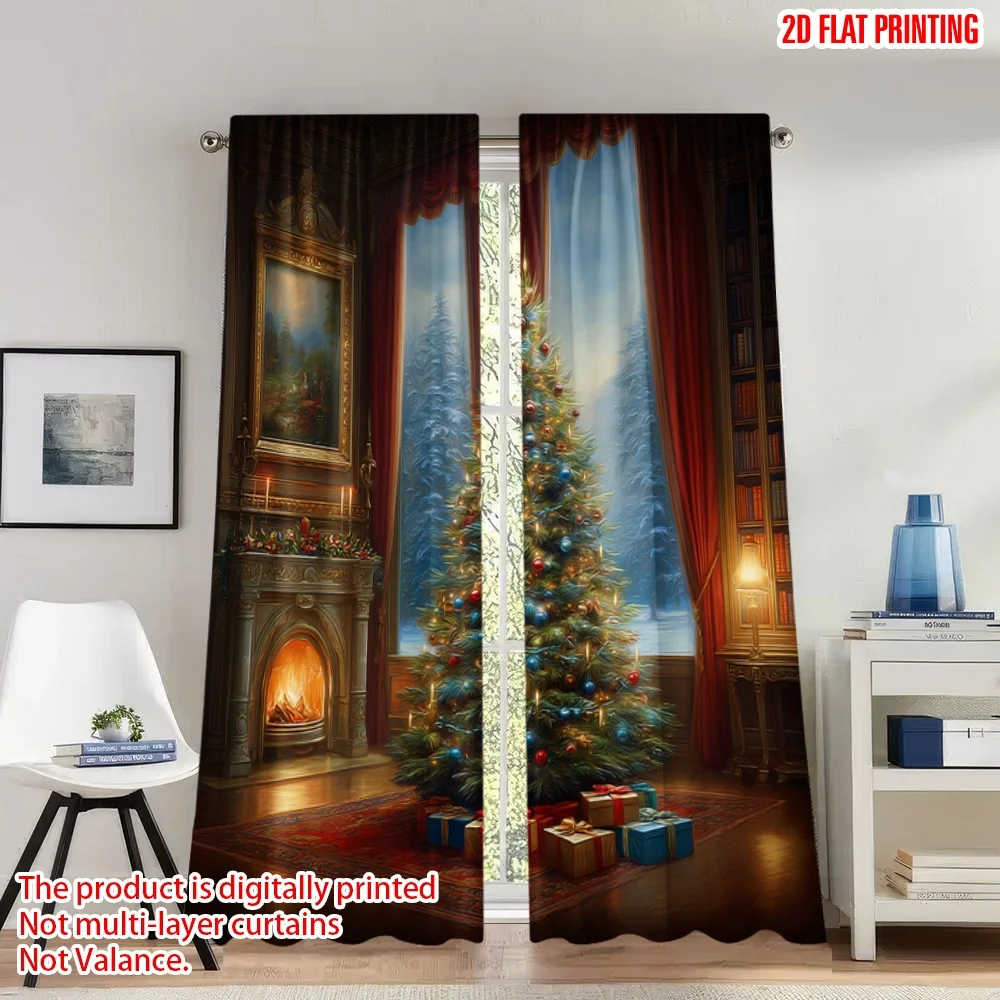 

2pcs 2D flat printing Classic Christmas Curtains Cozy Christmas Tree Fireplace Digital Printed Polyester Drapes Family Party