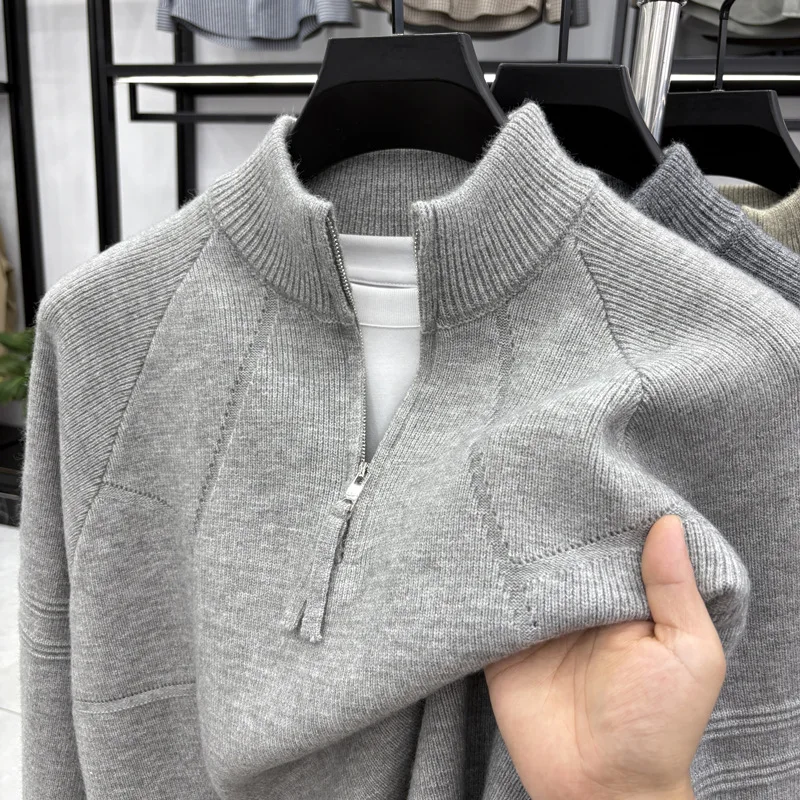 

Мужской вязаный свитер с воротником на молнии, однотонный, универсальный, повседневный, зимний, модный, утепленный, с длинными рукавами, теплый топ