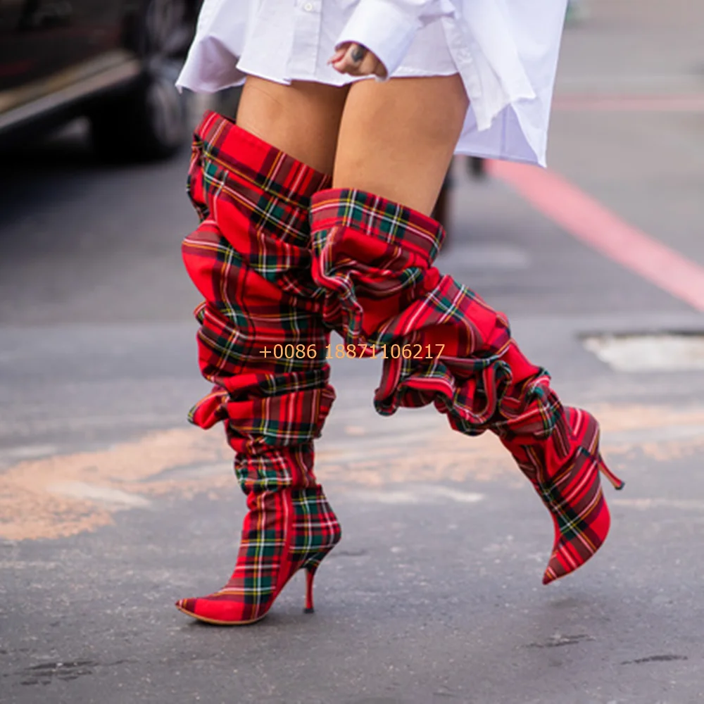 Plaid Over Knee Sexy Women's Boots 2024 Autumn New Pointed Model Catwalk Stilettos Mixed Color Fashion Party Casual Stage Boots