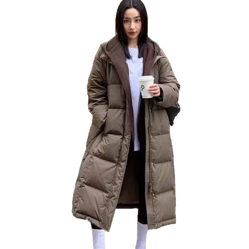 

2025 Winter European New Women's Down Jacket Commuter Knitted Hooded Long Down Jacket