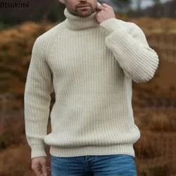 2025suéter grueso y cálido de cuello alto para hombre, suéteres de punto Retro lisos para otoño e invierno, jerséis elásticos simples para hombre, Top informal holgado