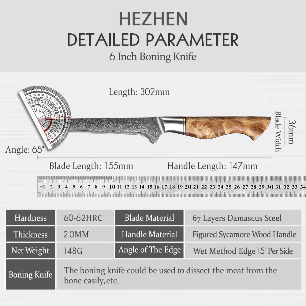 HEZHEN 6 Inch Boning Knife Real 67 Layer Damascus Cook Super Sharp High Quality Kitchen 10Cr15CoMoV Steel Figured Sycamore Wood