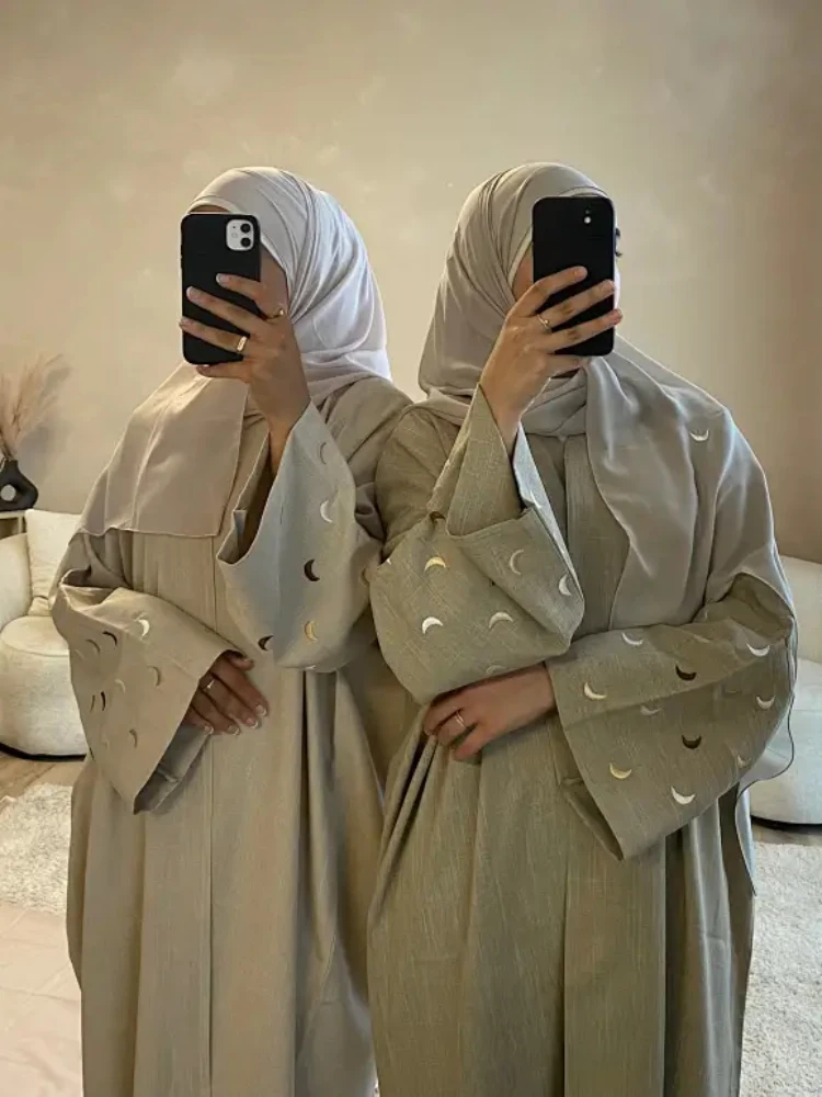 Lniane Abaya Kimono z haftem otwarte Abayas dla kobiet dubajski luksusowy Islam indyk muzułmański hidżabi strój Ramadan Eid sukienka Kaftan