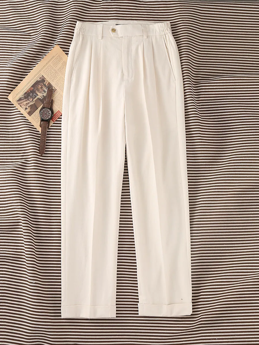 

2026 Cotton-Linen Men's Casual Trousers | Old Money Beige Slim Straight Pants with Elastic Waist & 9/10 Cuff
