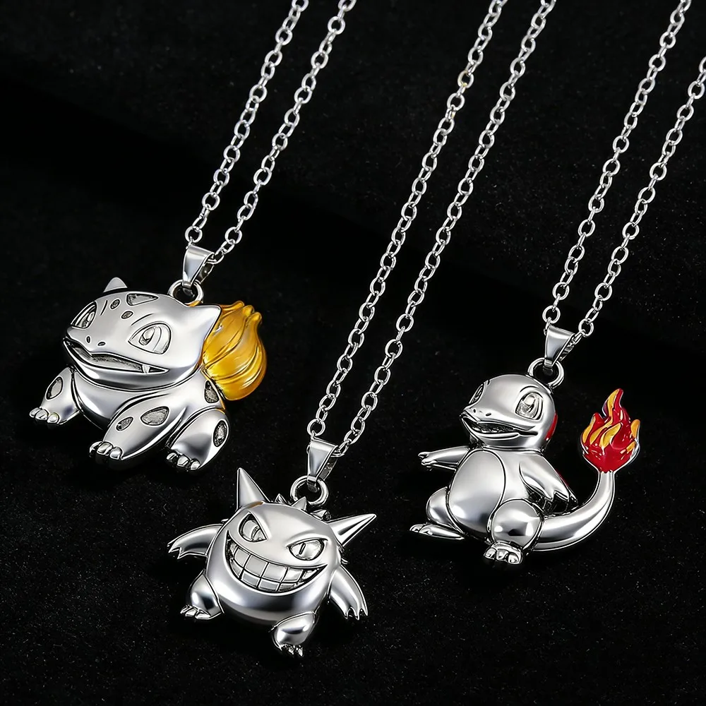 Anime Metal Pendant Necklace Bulbasaur Character Silver Chain Necklace Cosplay Jewelry Gift for Cartoon Game Fans