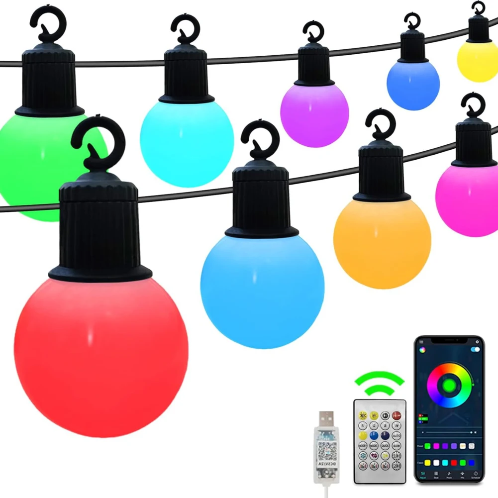 Luzes inteligentes Cordas com controle APP, lâmpadas impermeáveis, mudança de cor, ao ar livre, Natal, Hollowen, Home Decor, Lâmpadas G40, 31.1FT, 25PCs