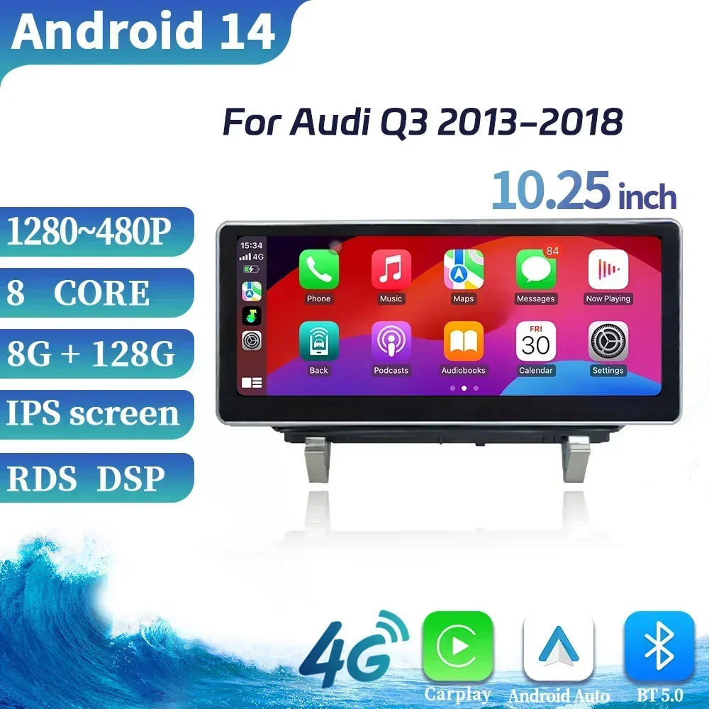 10.25 "Android 14 รถวิทยุสําหรับAudi Q3 2013-2018 มัลติมีเดียนําทาง 4Gไร้สายบลูทูธApple CarPlay Touchสเตอริโอ