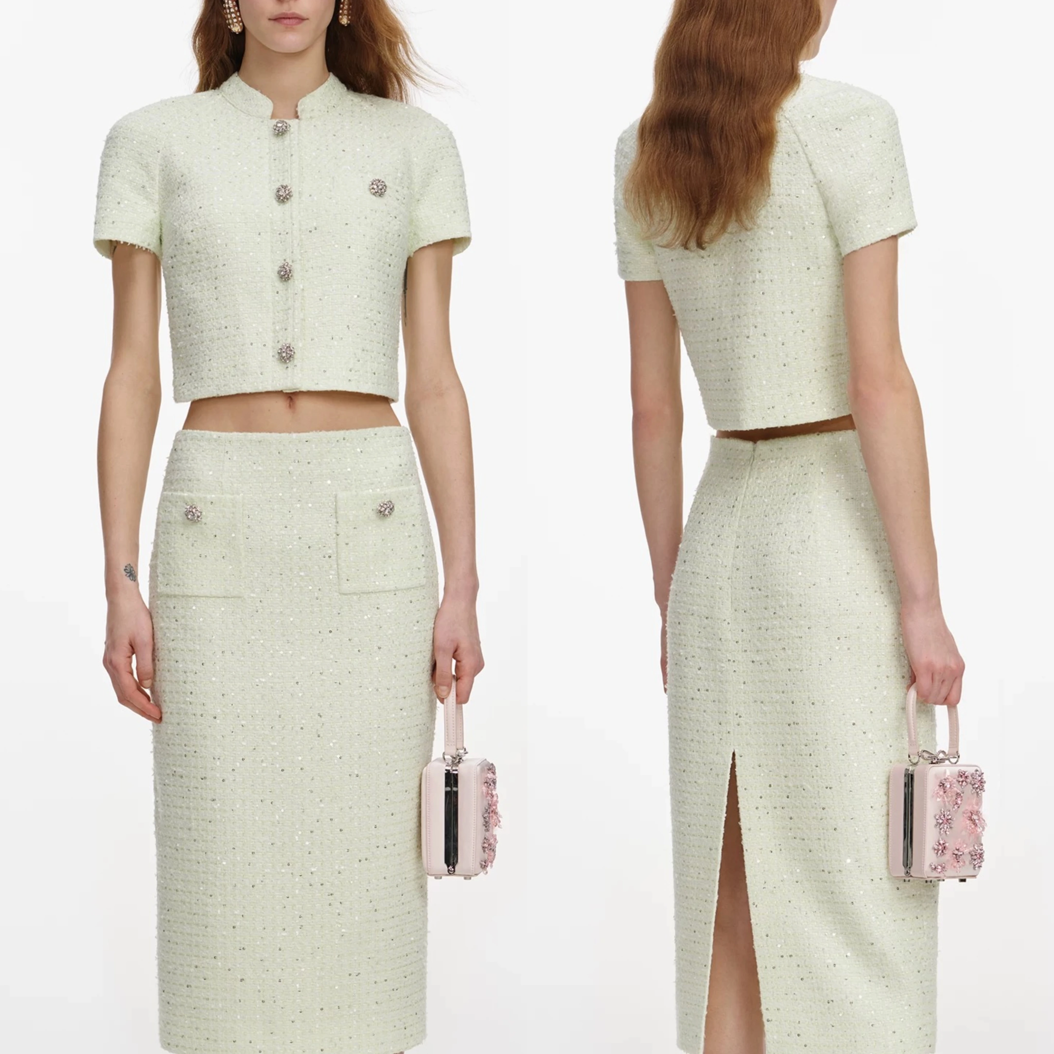 

Женский модный комплект из твида с пайетками: короткий жакет с короткими рукавами + юбка миди с высокой талией