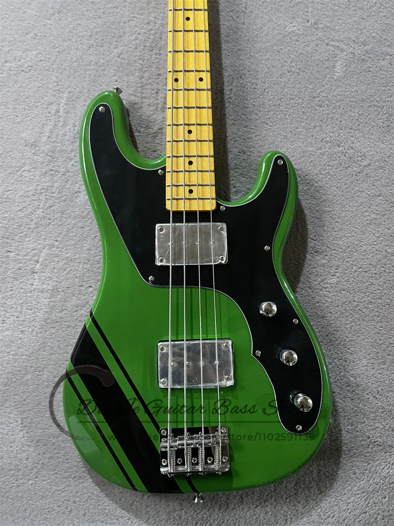 Green Bass Guitar 4 Strings Bass Te Body Black Stripe Big Iron Pickups Fixed Bridge Yellow Neck Balck Guard