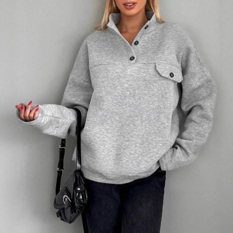 

Women's Thin Velvet Sweater Stand-Up Collar Button Detail Solid Color Loose Top Fashion 2025 Hot Sale