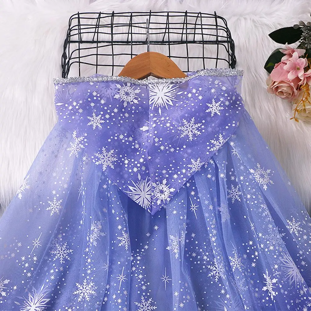 Girls Hooded Cloak Star Snowflakes Peacock Feather Sheer Ruffle Tulle Performance Cosplay Christmas Kids Princess Cape Shawl