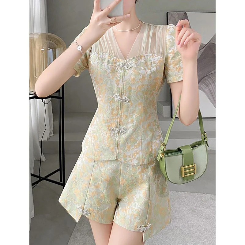 Sommer neue chinesische Stil Mesh Patchwork elegante Top weites Bein Shorts zweiteilig Set Frauen Temperament Pullover kurze Hosen Anzug