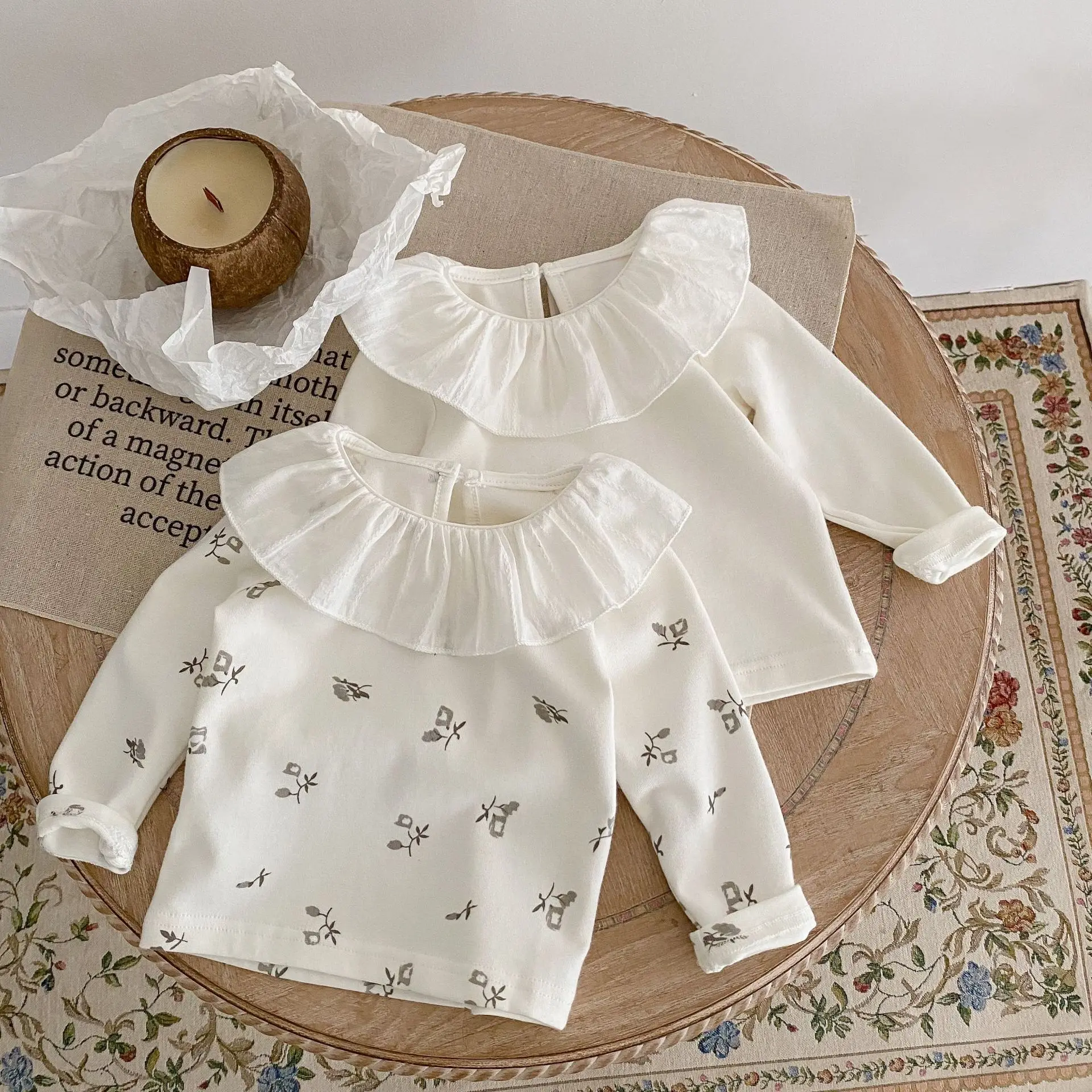 New Autumn Clothing Base Shirt for Female Infants and Young Children Skin Friendly Lotus Leaf Collar Long Sleeved T-shirt