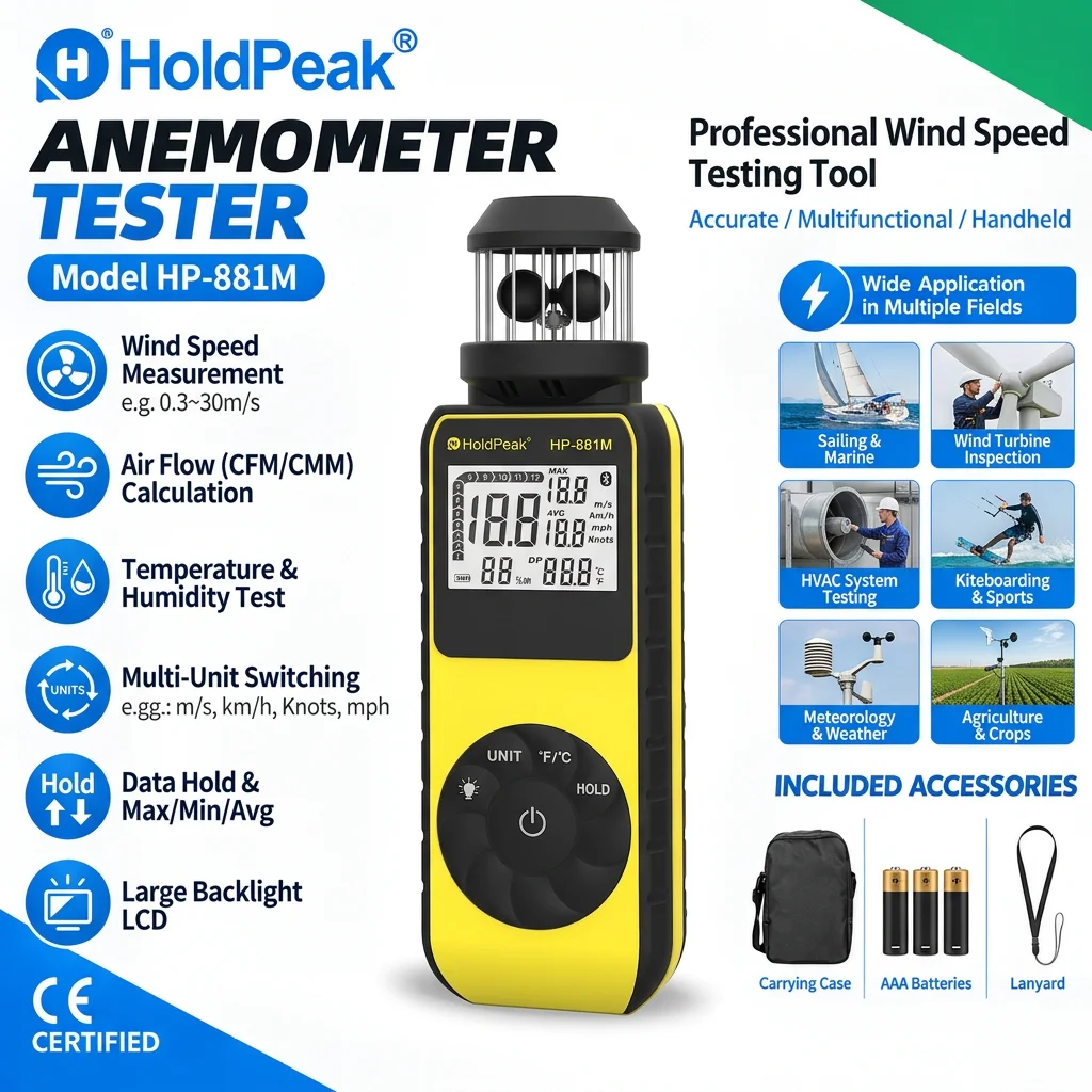 Cup Anemometer Wind Speed Meter 0.7-42m/s 1.5-93MPH Air Velocity Gauge 360° Wind Vane Compass Temp Backlight for HVAC Drone
