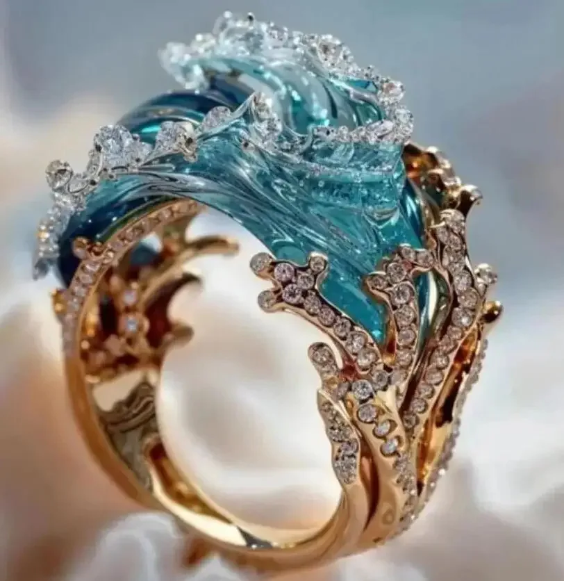 Vivid Blue Waves Rhinestone Ring For Women Fashion Alloy Cutout Fingers Accessory Jewelry Festival Gifts Party Office Daily Wear