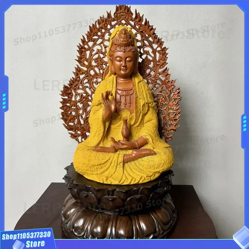 Resin Imitation Wood Sand Gold Guanyin Bodhisattva Statue Chinese Home Living Room Decoration Great Compassion Ornament for