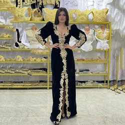 Msikoods Moroccan Caftan Evening Dress Gold Appliques Lace Long Sleeve black Mermaid Velvet Arabic Prom Gowns Party Dress