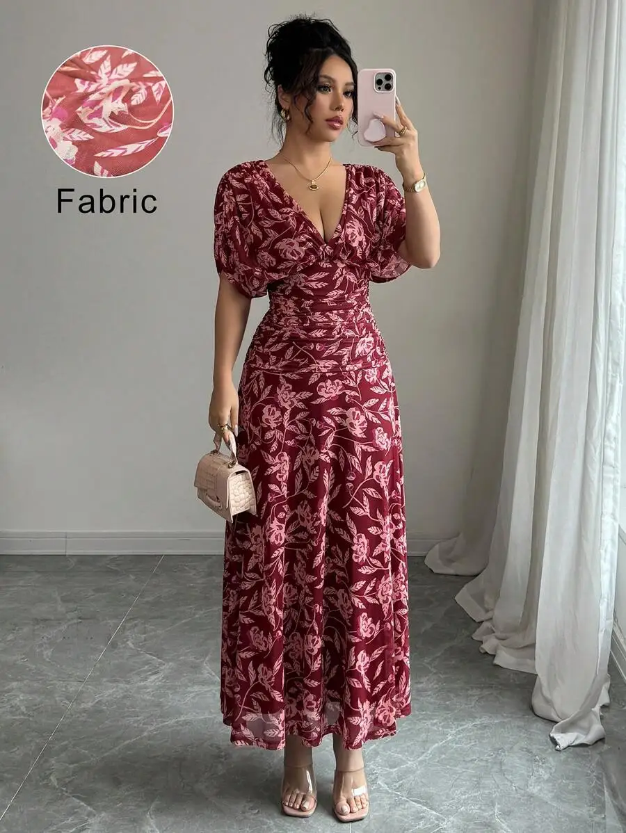 

Women's Floral Print V-Neck Ruched A-Line Maxi Dress with Puff Sleeves