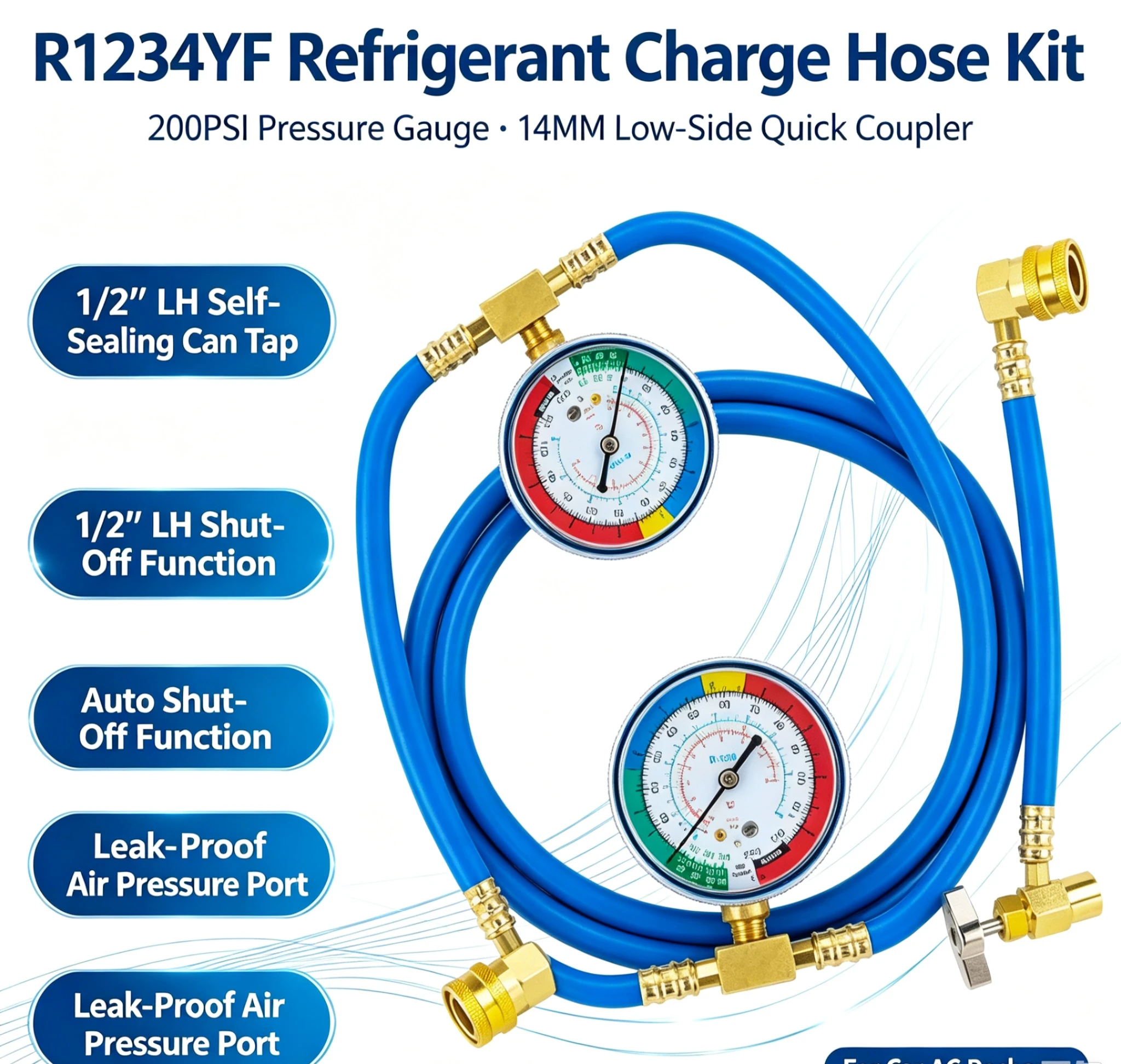 Automotive R1234YF Charging Hose Set 1/2LH Self-Sealing Can Opener 14mm Quick Adapter 200PSI Gauge High Pressure Resistant