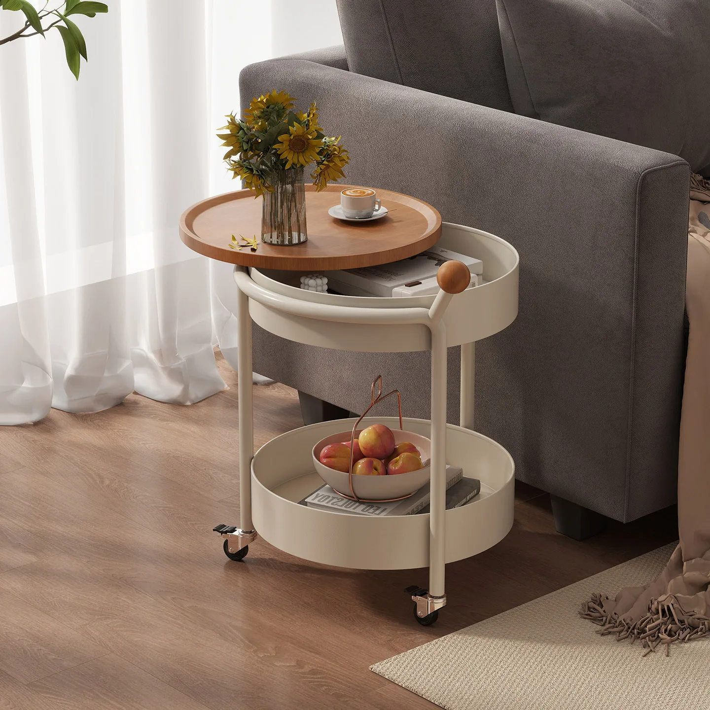 Cream wind double-layer round edge few with wheels movable cart small apartment living room sofa side storage rack