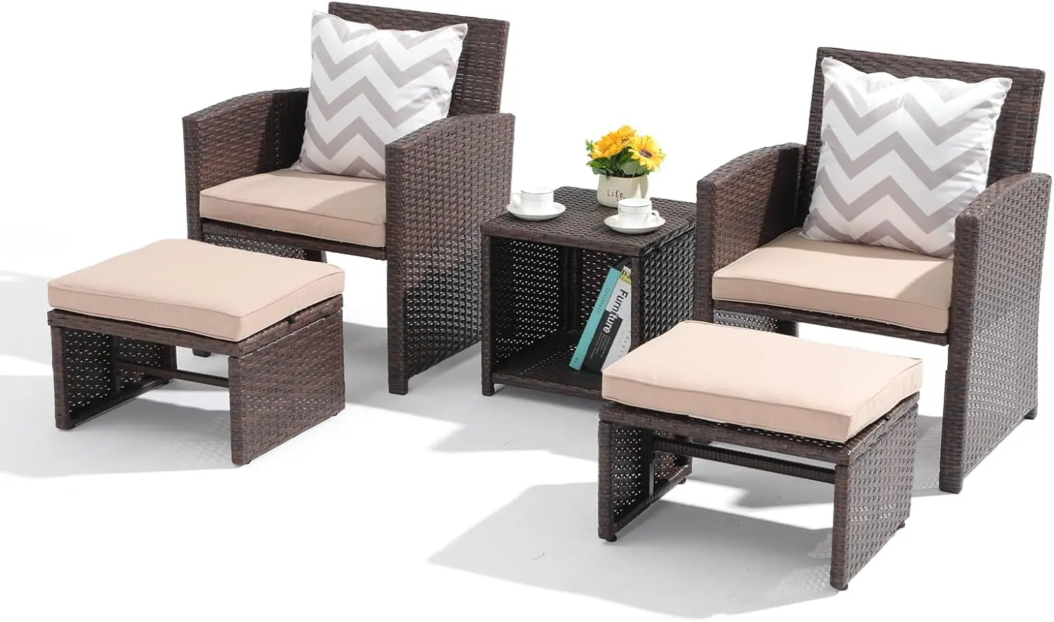 Orange-Casual 5 Pcs Patio Conversation Set Balcony Furniture Set with Cushions, Brown Wicker Chair with Ottoman, Storage