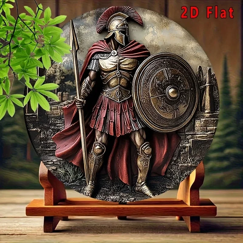 Spartan Warrior Spear Shield Ancient Castle Round Tin Sign - Vintage Durable Metal Plaque Wall Decor, Mythic Medieval Office Hom