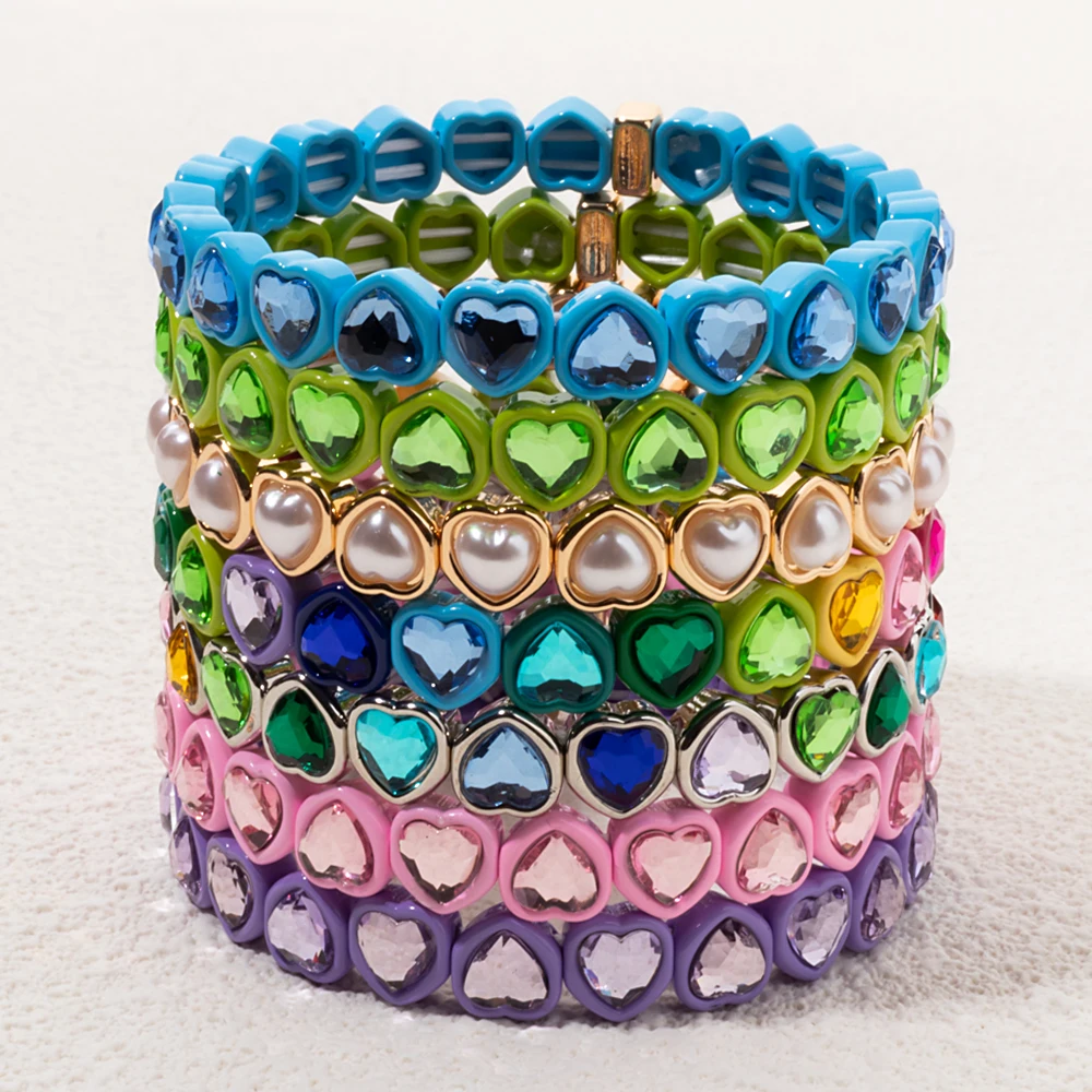 New Colorful Rhinestone Heart Girl Bracelets Crystal Beads Enamel Women Bangle 2024 Fashion Jewelry