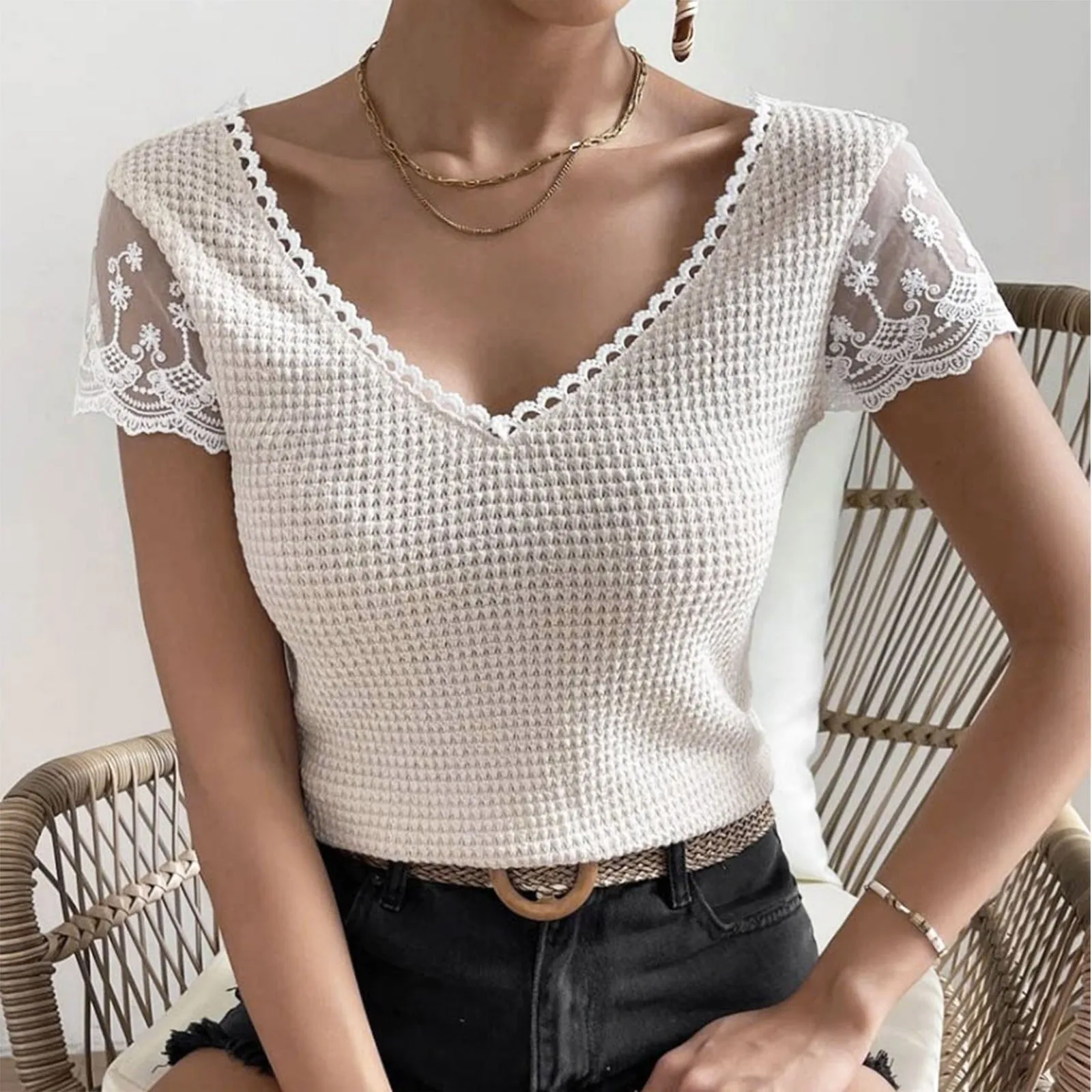 

Women'S Lace Lace Slim Solid Color Simple Outer Wear T Shirt Short Sleeved Top Nice Top Women