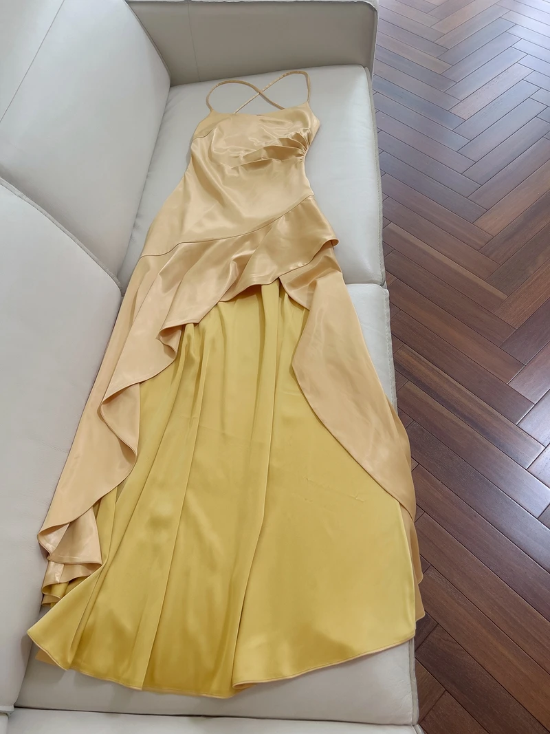Ele Giallo Satin Holiday Dr con cinturino Bal Design diviso per la cena di fine anno Par Gonna a trapezio a vita alta