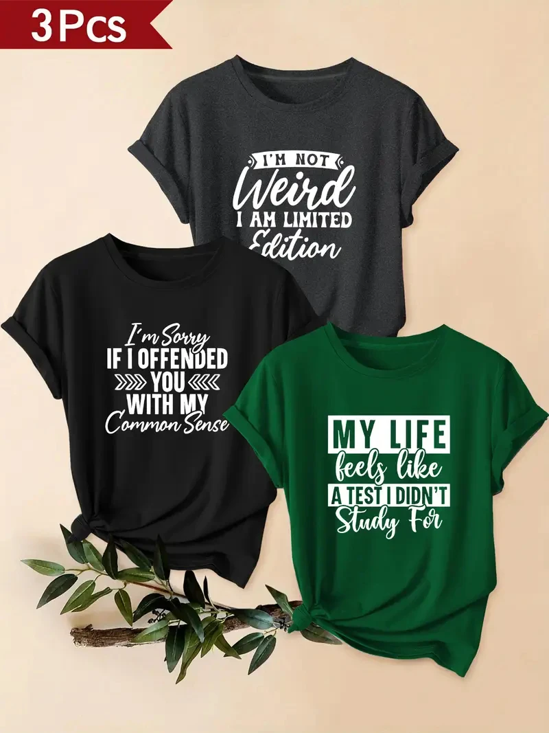 

3pcs Set - Letter Print Summer Outfits New Arrivals Plus Size Women's Short Sleeve T-Shirt, Female Casual Round Neck Top