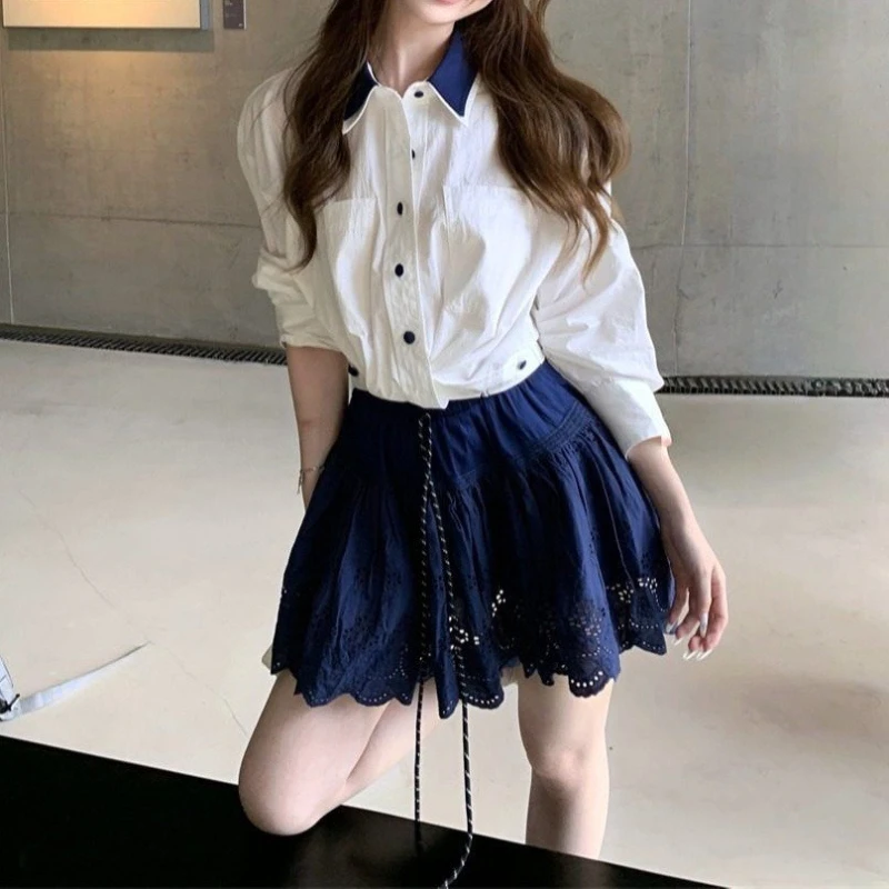 

2026 Summer New Blue and White Color POLO Collar Single Breasted Long Sleeved Shirt and Skirt Two-piece Set for Women