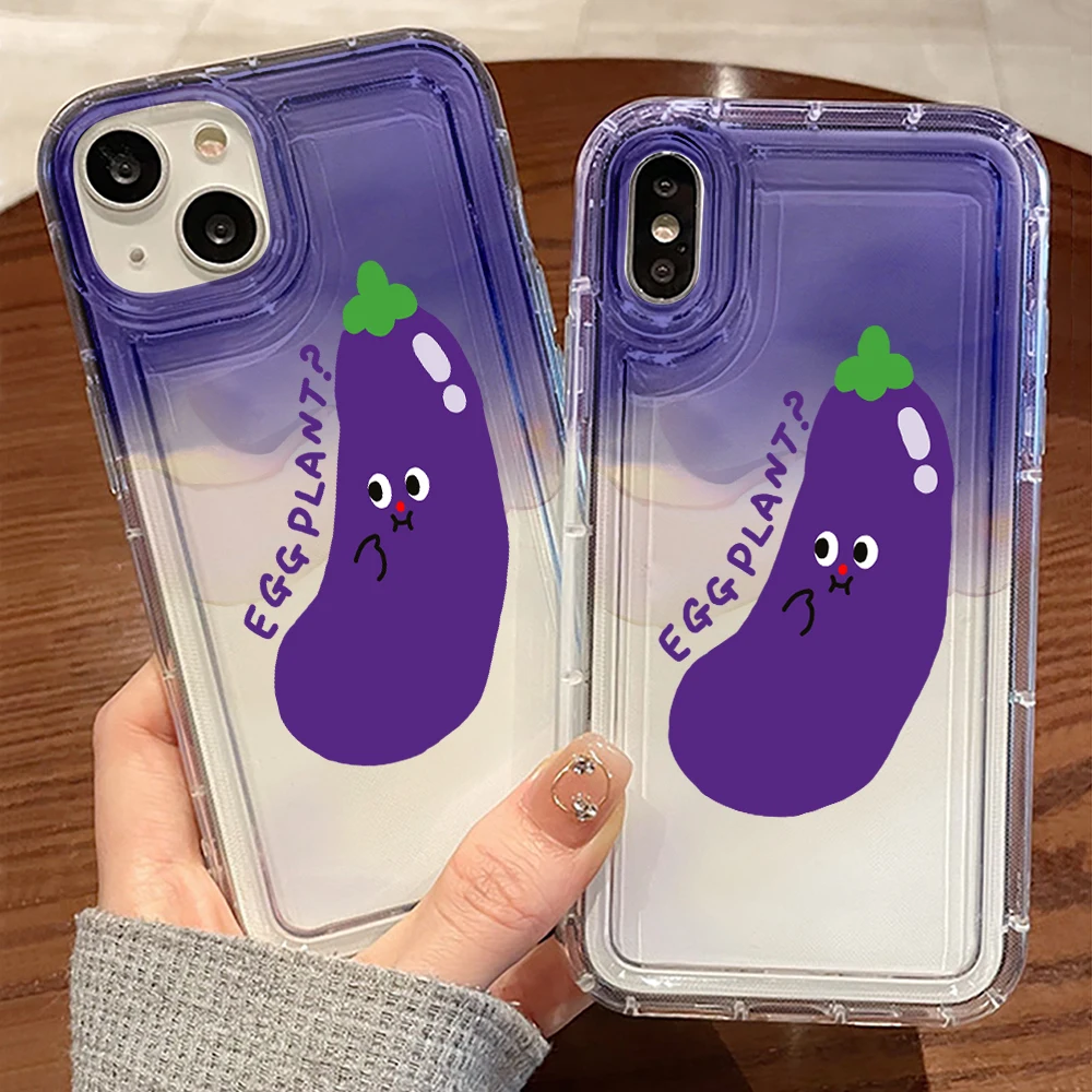 Cute Eggplant Case for IPhone 14 13 12 Mini Shockproof Cover for IPhone 11 Pro Max Transparent Soft TPU Purple Halo Dyeing Coque