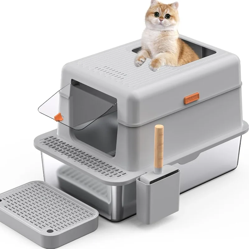 

Stainless Steel Litter Box with Lid, Extra Large Litter Box XL for Big Cats Top Entry Metal Litter Box with Double Filter Pedal