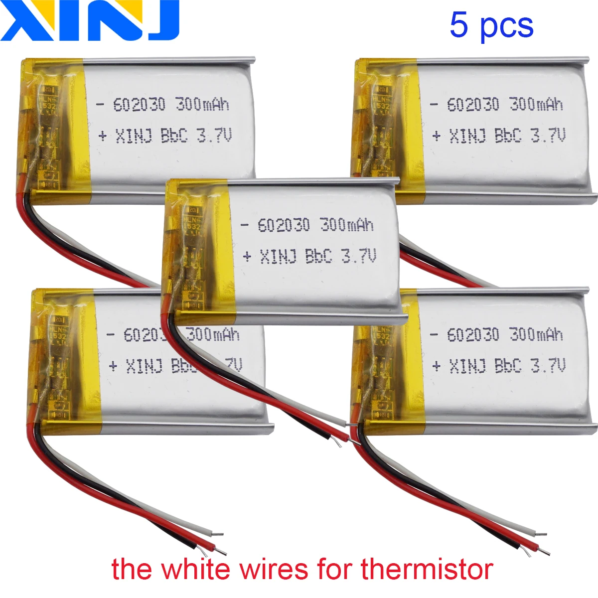 5pcs 3.7V 300mAh 1.85Wh Polymer Lithium Lipo Rechargeable Battery 3 Wire Thermistor 602030 For GPS Car Camera Driving Telephone