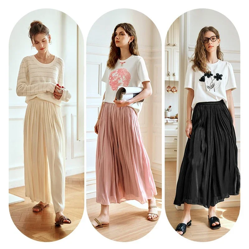 OLrain Women's Pant Skirts 2025 Autumn French Style Solid Casual Wide-leg Pants Elastic High-waist  Swing Trousers O24CK83810