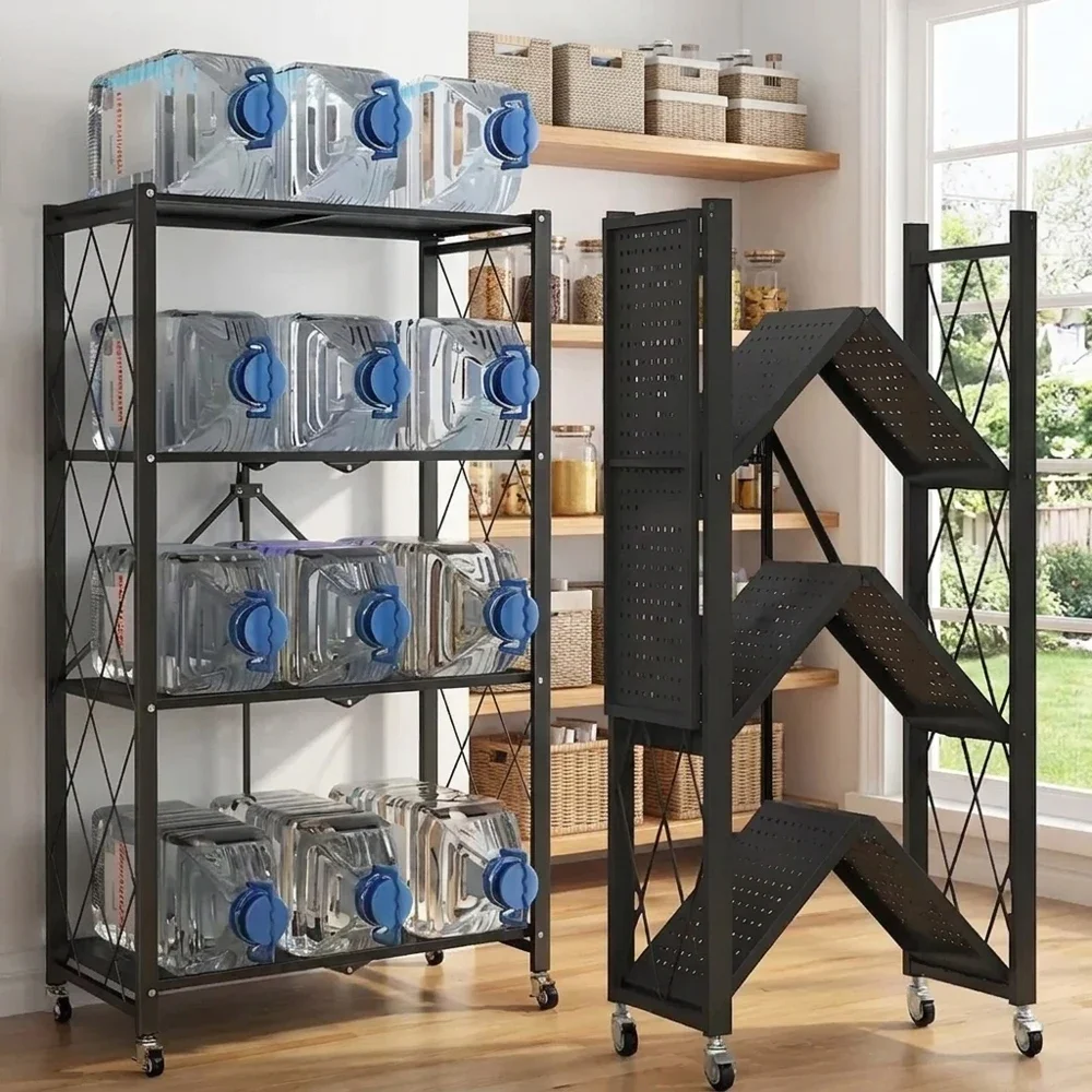 

4 Tier Foldable Metal Storage Shelving Unit Heavy Duty Rolling Storage Rack with Wheels Multifunctional Organizer Shelf for Kitc