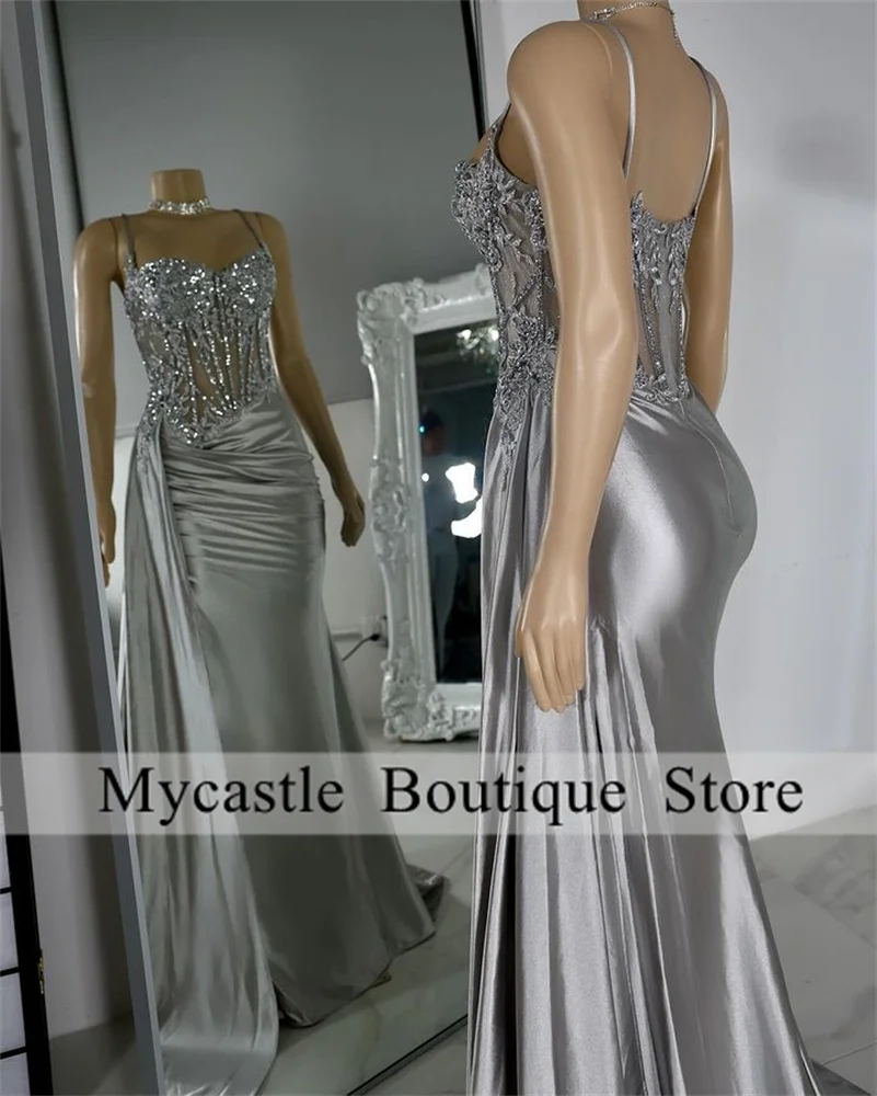 Silver Bbeaded Spaghetti High Split Prom Dresses For Black Girls Mermaid Elegant Evening Dress Wedding Party Formal Gowns