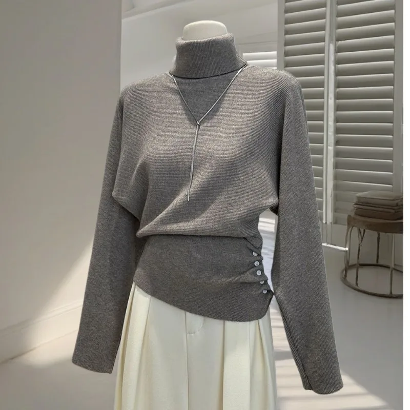 Tops Overcoat Sweater Woman Autumn Winter Half-high Collar Pleating Sense of Design Knitting Ride Waist Temperament Comfortable