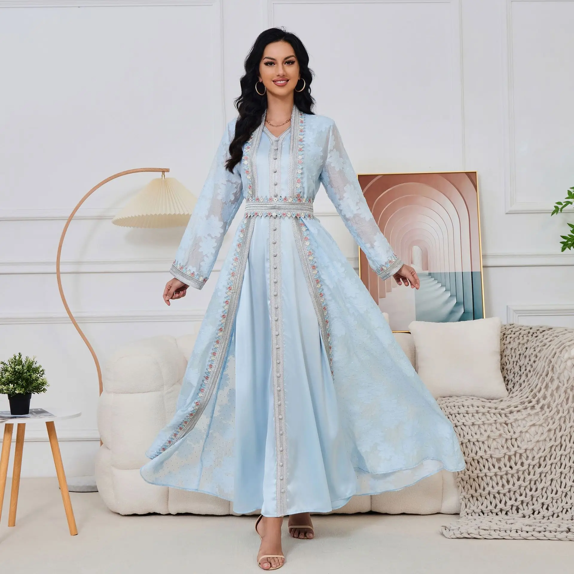 

Женская исламская мусульманская одежда в этническом стиле из Саудовской Аравии: новый кардиган с v-образным вырезом на Ближневостоке, комплект из двух предметов, элегантное платье